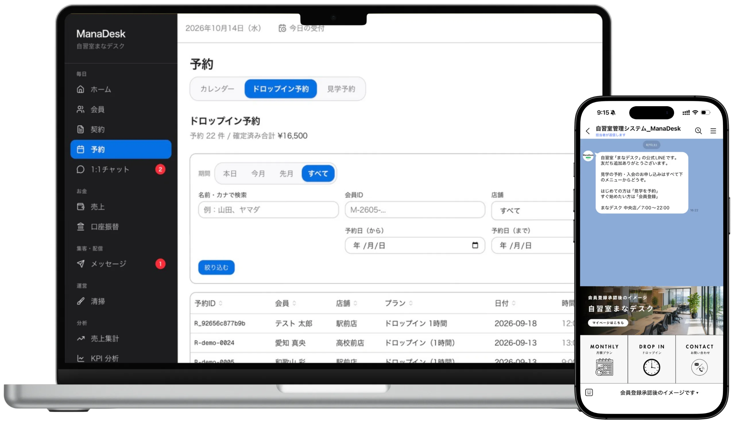 ManaDeskの管理画面(ノートPC)と、会員のLINE画面(スマホ)
